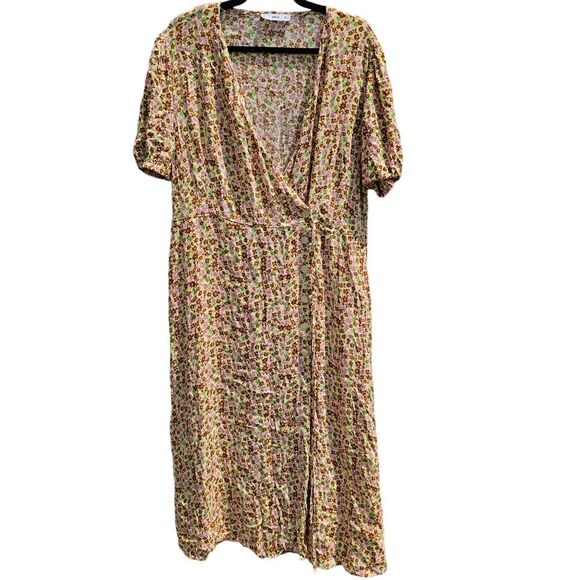 Mango Wrap Midi Dress Yellow Floral Short Sleeve Size 1XL - Picture 2 of 10